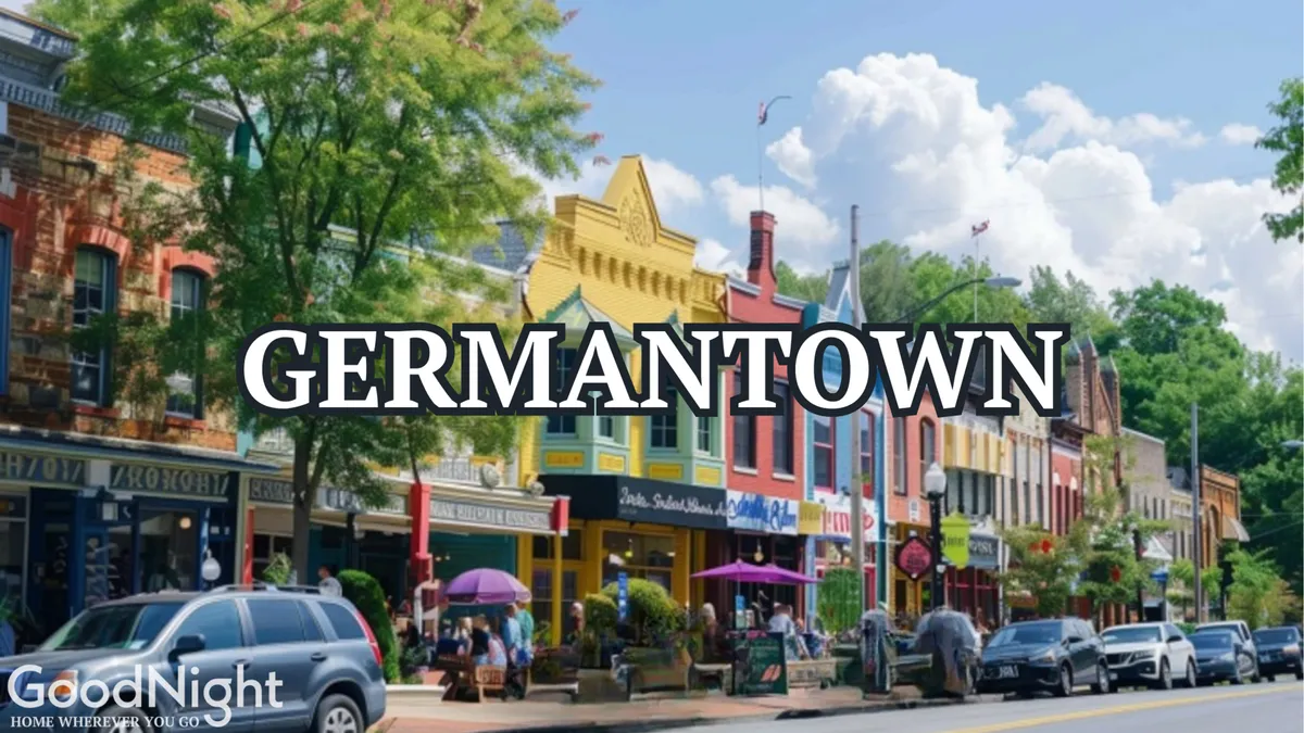 A lively Midtown streetscape with colorful storefronts, people socializing outdoors, and green trees lining the sidewalk, creating a vibrant and welcoming city atmosphere.