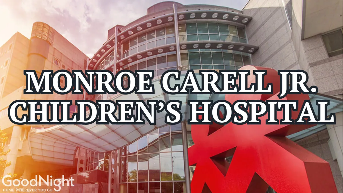 The modern architecture of a major hospital is showcased, with the hospital’s name prominently displayed. A vibrant red sculpture and landscaped entrance create a welcoming atmosphere, while people are seen coming and going—highlighting the convenience for visitors needing access to medical institutions.