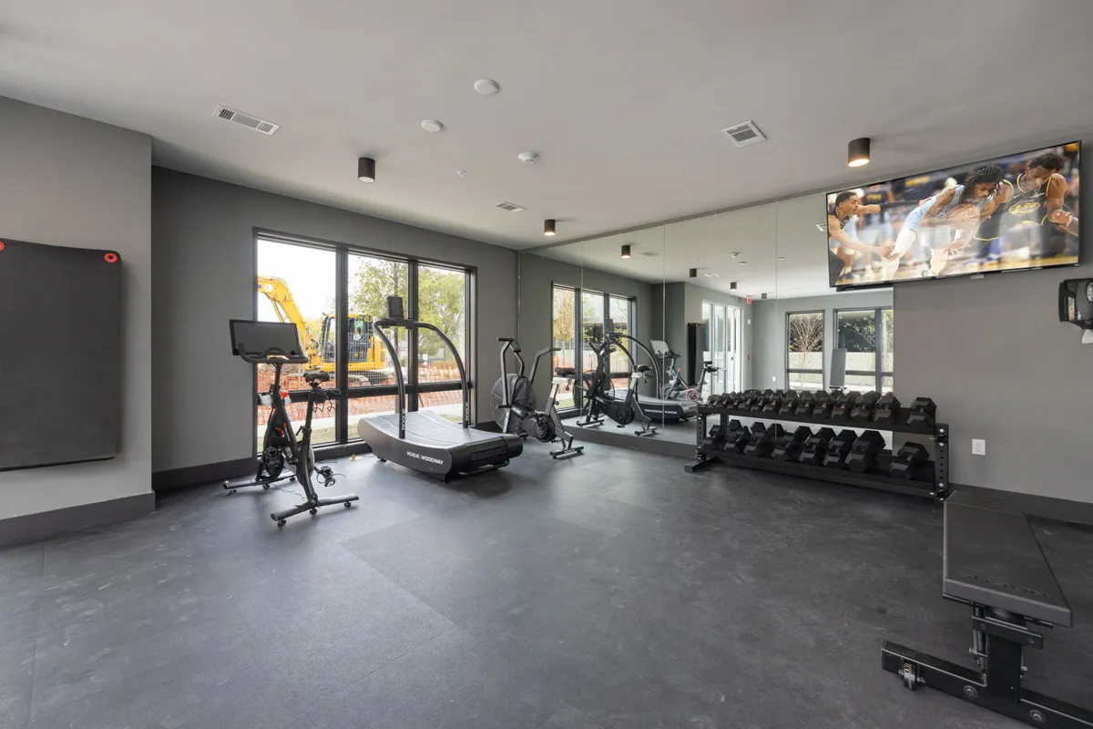 A well-equipped gym space featuring a treadmill, dumbbell rack, exercise bike, large windows, and a television. The energetic setting is ideal for individual workouts, group fitness classes, and personal training sessions, providing a healthy work-life balance for travelers.
