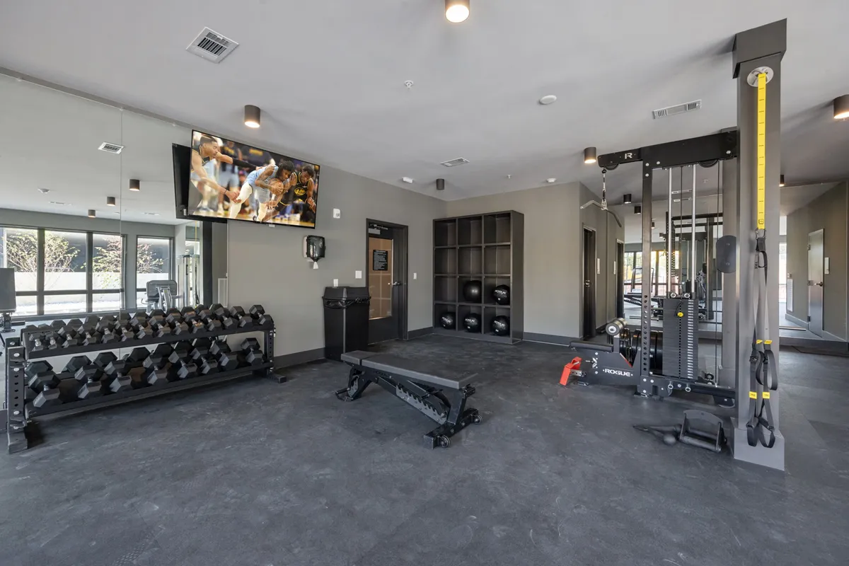 This interior gym image showcases a well-equipped fitness space with a dumbbell rack, multi-use weight machine, exercise bench, and a television. The gym appears modern and spacious, with equipment supporting weightlifting, cardio, and group fitness activities.