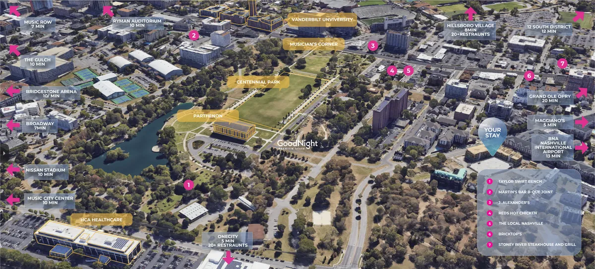 A sweeping view encompassing Centennial Park, Vanderbilt University, Music Row, and Nissan Stadium. The scene is lively with people walking, picnicking, and exploring, and the iconic local landmarks are clearly visible under the glow of sunset.